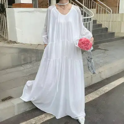 7カラー夏韓国風ゆったり大きめサイズロング丈無地長袖ワンピース