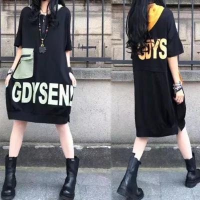 心地よくフィット アルファベット フード付き ファスナー カジュアルワンピース