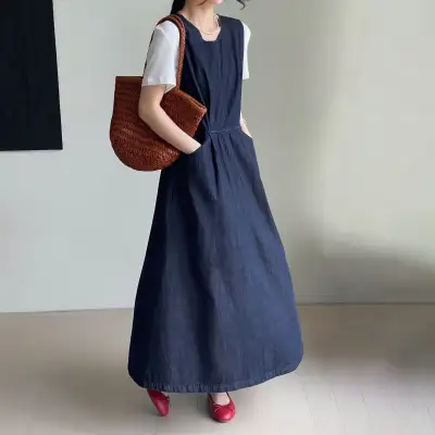 重ね着にぴったり着回し万能ヴィンテージクルーネックデニムノースリーブワンピース