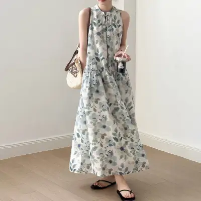 ラウンドネック花柄サマードレスリゾート風ノースリーブワンピース