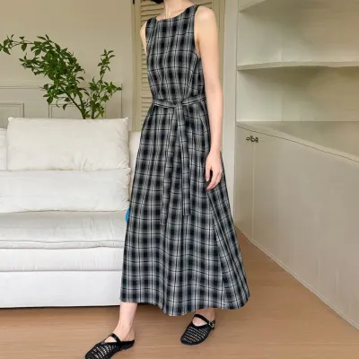 夏新作チェック柄レトロロングノースリーブワンピース