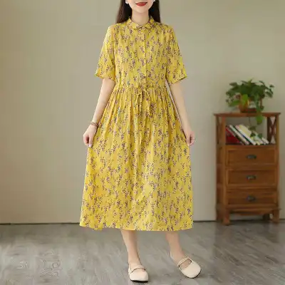シャツ  ワンピース  ベージュ  コットン  ゆったり  ロング  夏服  綿麻  普通  リネン  新作  2024  ミディ丈 / ミディアム丈  大きめサイズ  洗練された