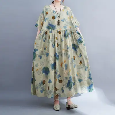 夏大きいサイズゆったりプリント通気性半袖ワンピース