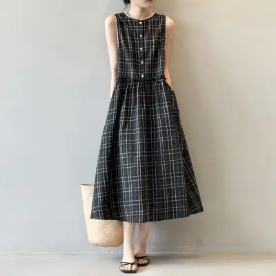 レトロ配色チェック柄夏韓国風カジュアルリラックス感ノースリーブワンピース