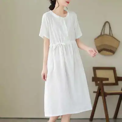 無地  ワンピース  ベージュ  コットン  半袖  ロング  膝下丈  夏服  綿麻  文芸  普通  ジャカード  レトロ