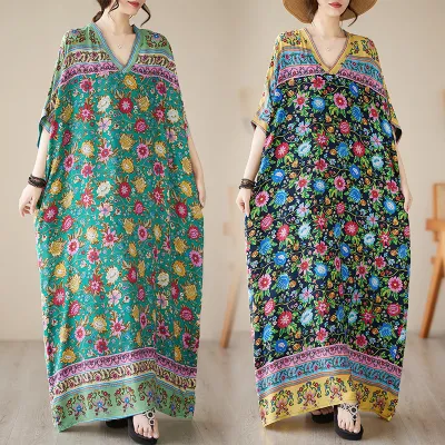 レトロ  リゾートスタイル  ゆったり  文芸スタイル  Vネック  ロング  夏  売れ筋商品