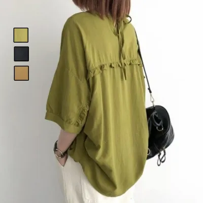 大人可愛い ラウンドネック 半袖 無地 コーディネート自在 ギャザー ファッション Tシャツ 黒 fashion ootd カジュアルコーデ ファッション コーディネート 今日のコーデ coordinate トレンドコーデ 着回しコーデ 大