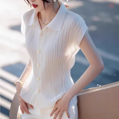 シャツ  エレガント  ホワイト  半袖  折り襟  夏服  薄  気質  フレンチスタイル  レディース