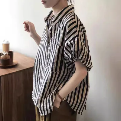 シャツ  ストライプ柄  半袖  おしゃれ  ゆったり  夏服  若く見え  高級  新作  2024  レディース  高級感  洗練された