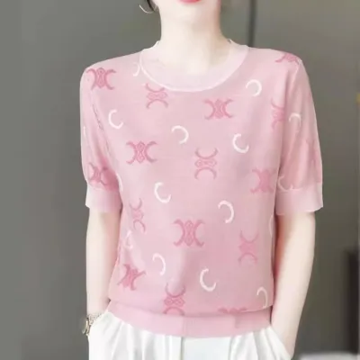 ピンク  シルク  ニット  アルファベット  半袖  ミニ丈  クルーネック  プルオーバー  夏服  薄  新作  2024  レディース