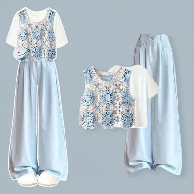 【単品注文】気分転換 シンプル 配色 透かし編み ファッション 無地 ベスト+Tシャツ+パンツ 3点セットアップ