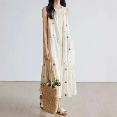 ワンピース 夏 レディース  ティアード ワンピース ノースリーブ ワンピース ロング丈 刺繡 ノースリーブ ワンピース 大きいサイズ ロング丈 ワンピース 無袖 ゆったり 体型カバー