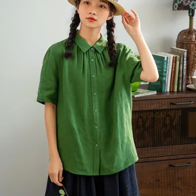 カジュアル  合わせやすい  ゆったり  半袖  リネン生地  グリーン  夏