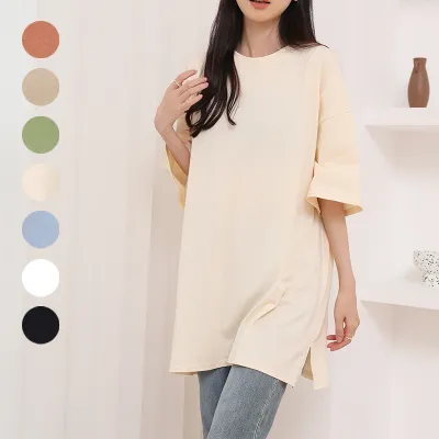 Tシャツ  カジュアル  チュニック  コットン  半袖  ゆったり  スリット  夏服  普通  コットン100%  ミディ丈 / ミディアム丈  トップス
